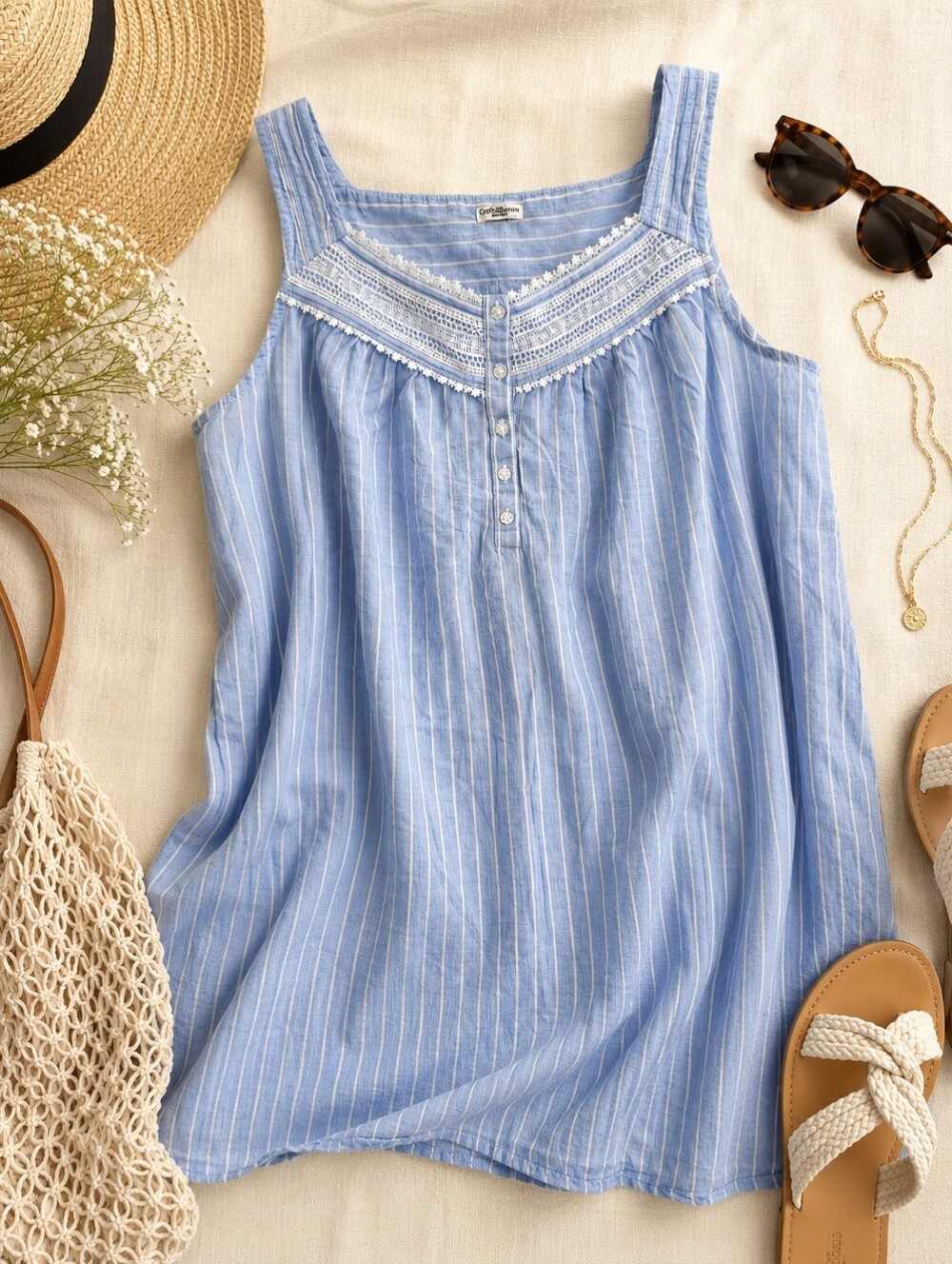 Blue Pinstripe Cotton Summer Nap Dress Cottagecore Granny Chic Lace Trim XL